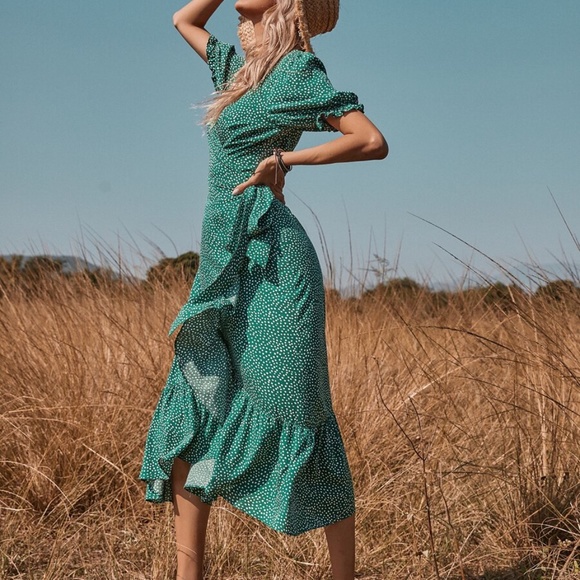 Boho Red Polka Dot Ruffle Wrap Midi Dress - Picture 5 of 12